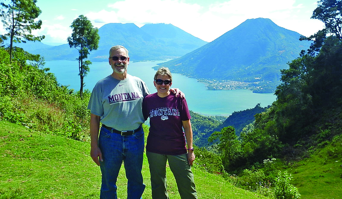 Rich and LouAnn Kirk, both Class of 1981, sport their Griz gear in Guatemala this past November.